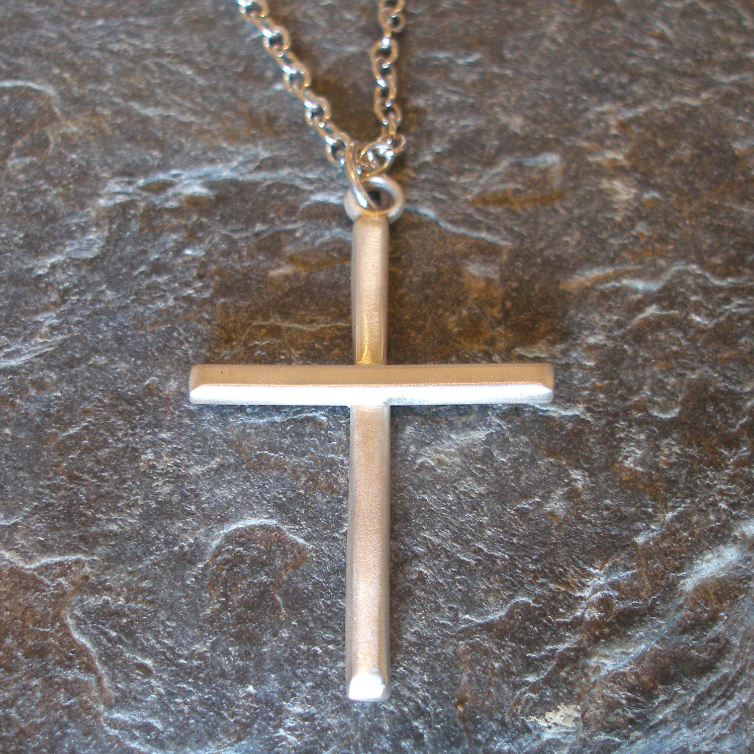 Large Sterling Silver Cross Pendant on silver chain. Satin or shiny finish. Or in 9ct Gold.